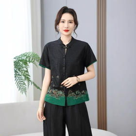 丁摩真丝香云纱龟纹夏季桑蚕款新中式下摆刺绣短袖AL2560