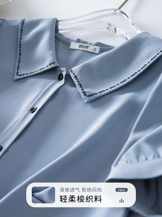 【专属特价】熙世界短袖衬衫女设计感小众2025年夏装新款气质显瘦刺绣翻领上衣 商品图3