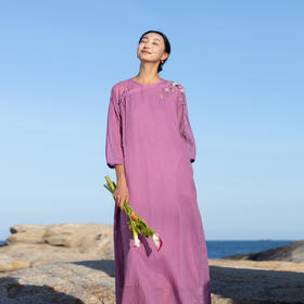 牧衣游原创 手工刺绣100支进口比马棉连衣裙复古新中式长裙 染念