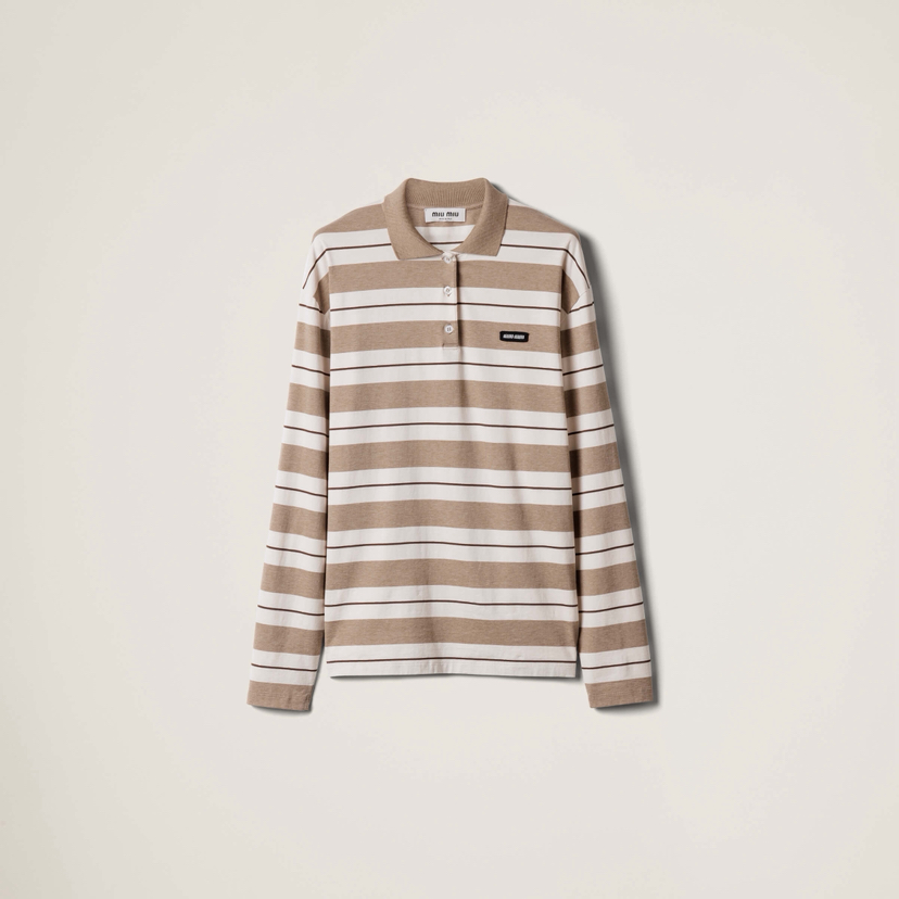 MIU-T 奶茶条纹长袖Polo