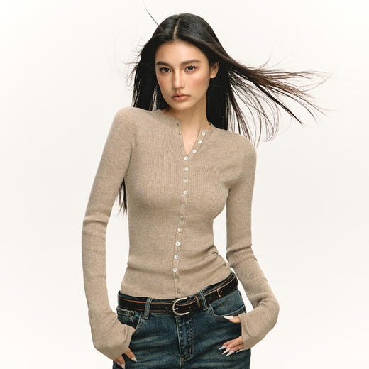 Ariseism 美式复古纯色薄款针织开衫女2025春季新款百搭修身上衣 商品图2