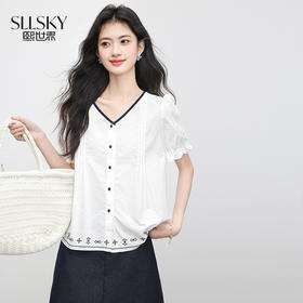 【07/09新品】熙世界民族风撞色V领衬衣女短袖2025夏新款文艺刺绣纯棉衬衫上衣