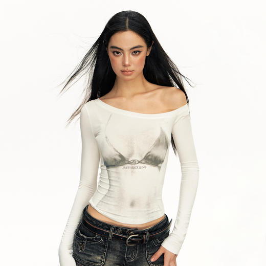 Ariseism 美式复古设计感斜肩长袖t恤女2025春季新款修身显瘦上衣 商品图1