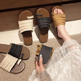 【预售3-7天内发货】【时髦百搭，遮肉显脚小】【轻盈优雅】夏季新款女意大利凯撒KAISER软底软面慵懒假日真皮H拖鞋鞋褶皱亚麻套趾拖鞋100%