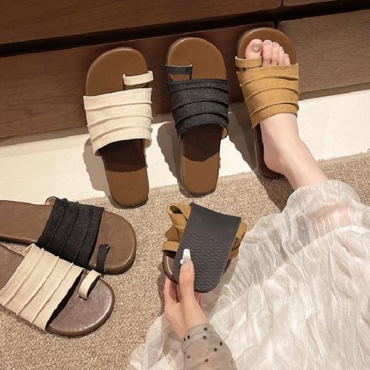 【预售3-7天内发货】【时髦百搭，遮肉显脚小】【轻盈优雅】夏季新款女意大利凯撒KAISER软底软面慵懒假日真皮H拖鞋鞋褶皱亚麻套趾拖鞋100% 商品图0