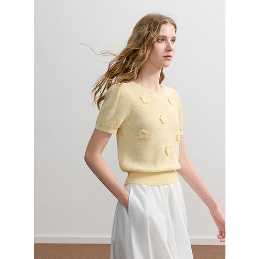 三彩2025秋季新款花朵针织衫亮片毛衫泡泡袖圆领短款M 商品图2