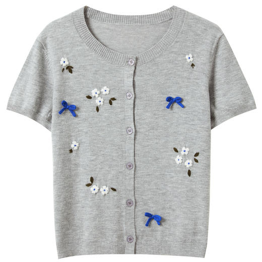 三彩2025秋季新款勾花针织衫圆领短袖毛衫开衫短款M 商品图4