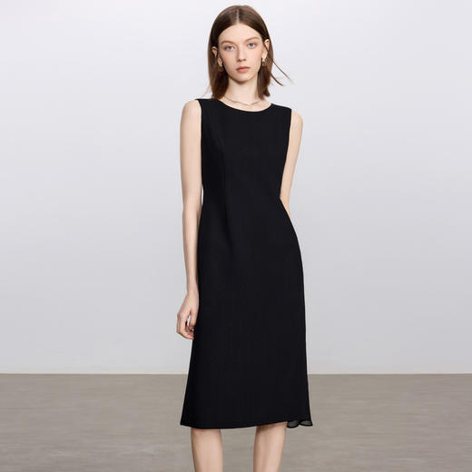 IWY/黑色无袖连衣裙女气质收腰干练职场正装通勤圆领长裙工作服Q1435 商品图0