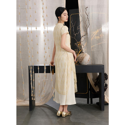 三彩【无边风月】2025秋季新款假两件连衣裙收腰A字裙长裙旗袍中式C 商品图3