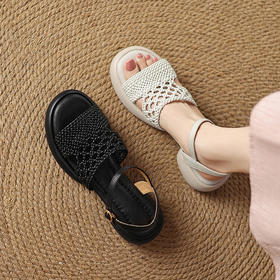 【预售5天】法式编织镂空厚底凉鞋女夏2025新款中跟露趾软底一字带鱼嘴罗马鞋&5-923