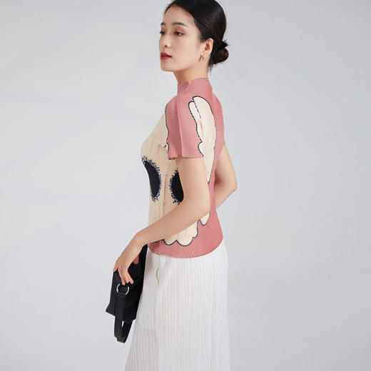 「自」全新升级【铂金会员183/天猫239/差价56】(14333)洛诗琳气质褶皱T恤2025夏季新款简约印花修身通勤百搭上衣女 商品图2