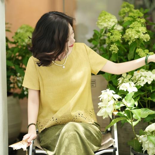 西子/【明媚午后】亚麻镂空定位绣花活力减龄鹅黄色上衣/SYTJ244 商品图1