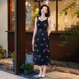 西子/【彩葫吊带】重磅22姆米桑蚕丝七彩宝葫芦印花V领收腰宽肩吊带黑色长裙/CQTJ280