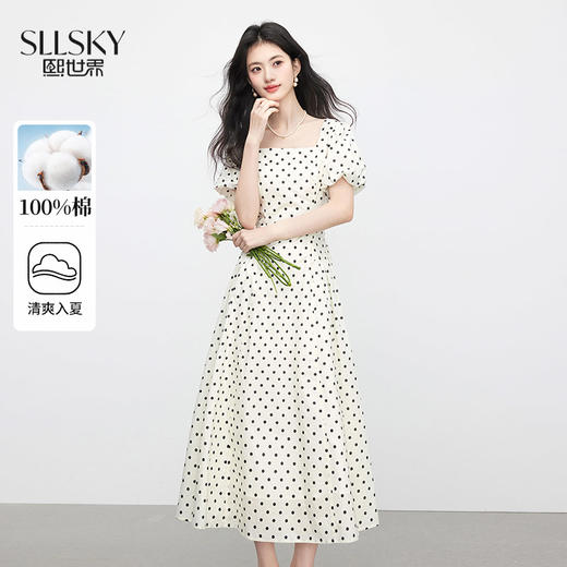 【07/09新品】熙世界法式波尔卡波点连衣裙女夏季新款复古收腰显瘦茶歇方领裙子 商品图0