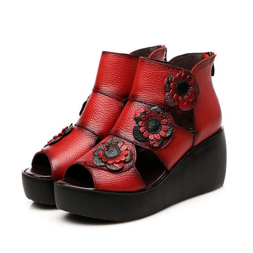 民族风特色真皮牛皮凉靴，鱼嘴坡跟后拉链罗马高帮凉鞋ZY 商品图4