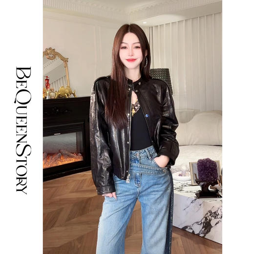 【孤品样衣，不退不换】【甜酷机车】天然山羊皮革复古时尚立领宽松皮衣2025早秋 商品图4