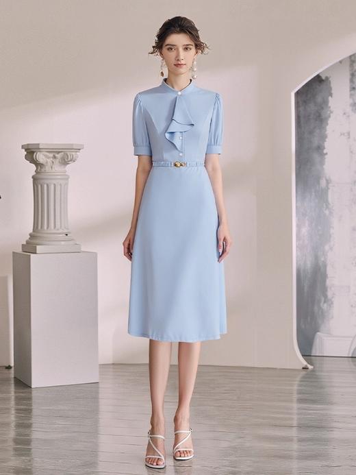 IWY/蓝色法式连衣裙女装时尚夏新款花边领气质垂感收腰伞裙医美工作服WQ196 商品图1