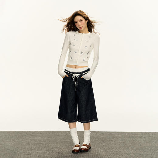 Ariseism 复古设计感阔腿7分牛仔裤女春季水洗做旧直筒牛仔中裤 商品图2