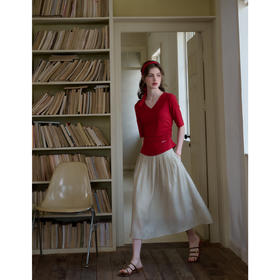 SimpleRetro法式红飘带V领五分袖针织T恤女