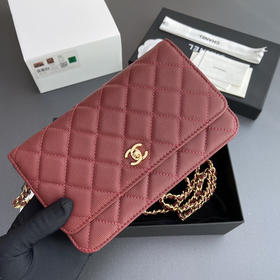 香奈儿Woc链条包（双C纽扣款）酒红色金扣