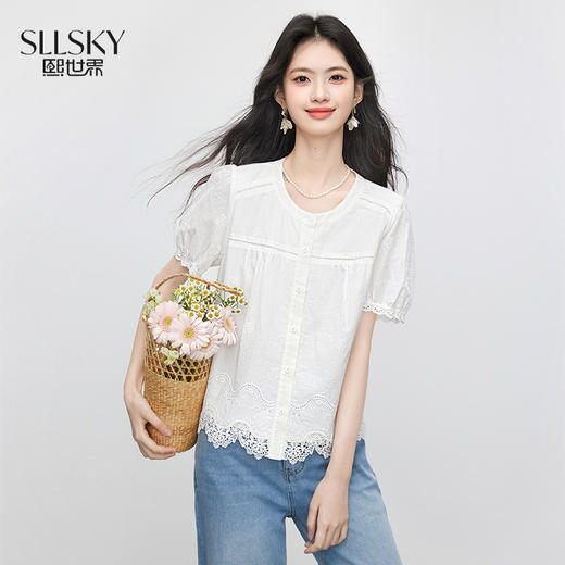【专属特价】熙世界设计感蕾丝花边白色衬衫女短袖夏季休闲风宽松圆领纯棉上衣 商品图0