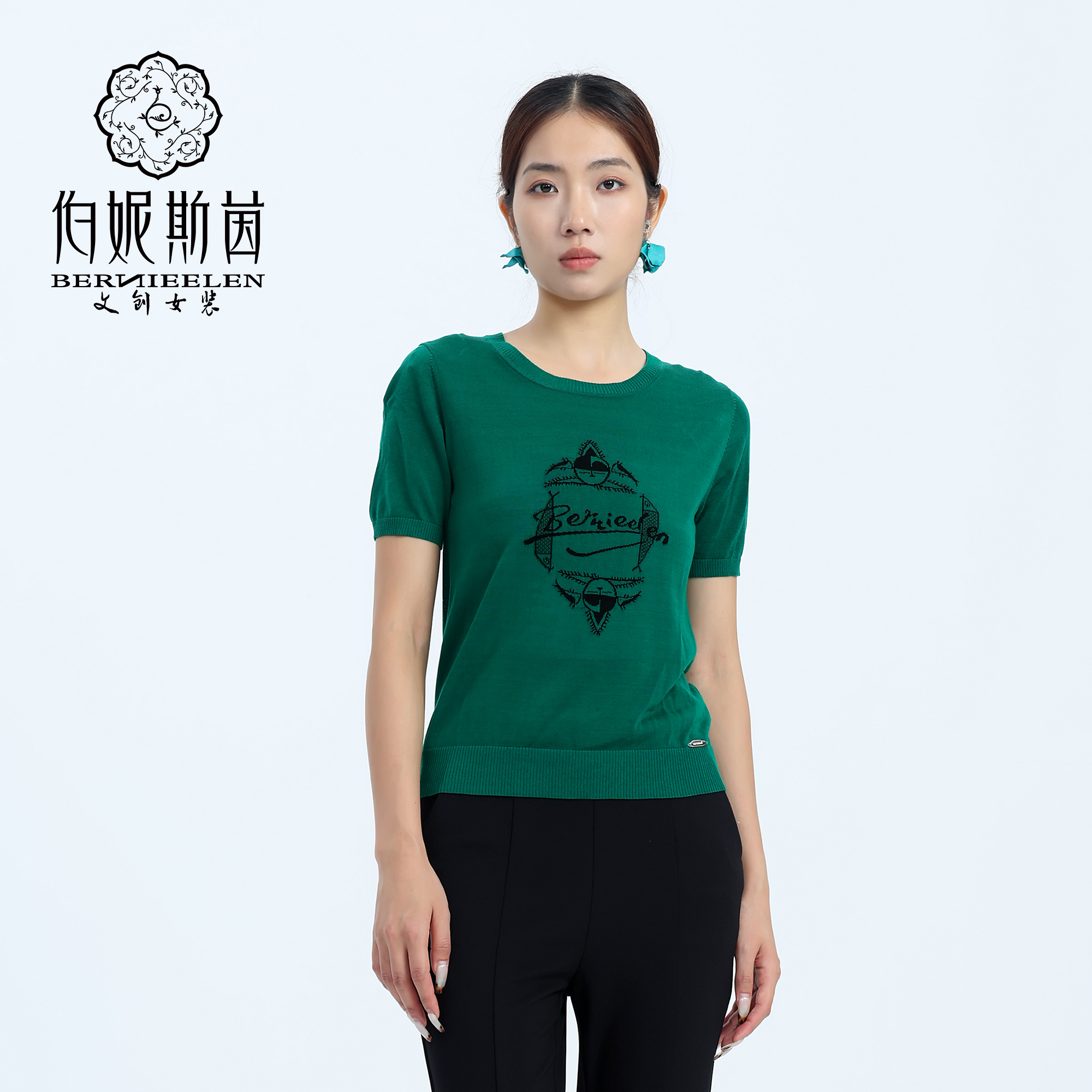 伯妮斯茵 | 复古文艺 绿色人面鱼纹提花针织上衣 文物纹样工艺 修身显瘦 气质出游款  人面鱼纹图案撞色提花针织衫SZ2E02-漆黑、庭芜绿、紫薄汗