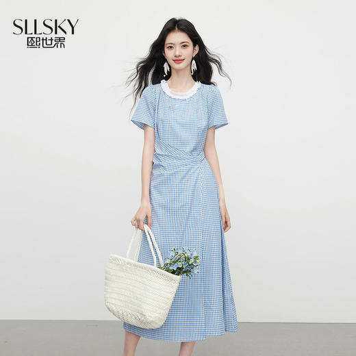 【07/09新品】熙世界蓝色格纹掐腰连衣裙女夏短袖花边圆领独特漂亮收腰气质长裙 商品图0