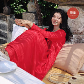 绽放420朵/限量复活款·2014亚麻圆领塔克捏褶大摆九分袖连衣裙女