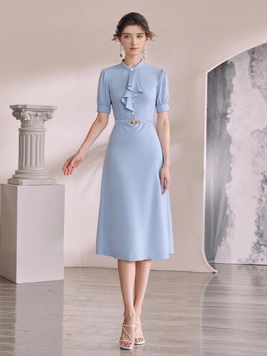 IWY/蓝色法式连衣裙女装时尚夏新款花边领气质垂感收腰伞裙医美工作服WQ196 商品图0