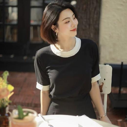 【à perles】法式优雅，黑白撞色5分袖真丝短袖【现货】 商品图1