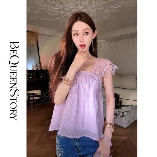 余潇潇【花肩有约】闪光丝蕾丝边手工缝制花朵小飞袖背心2025夏季 商品图3