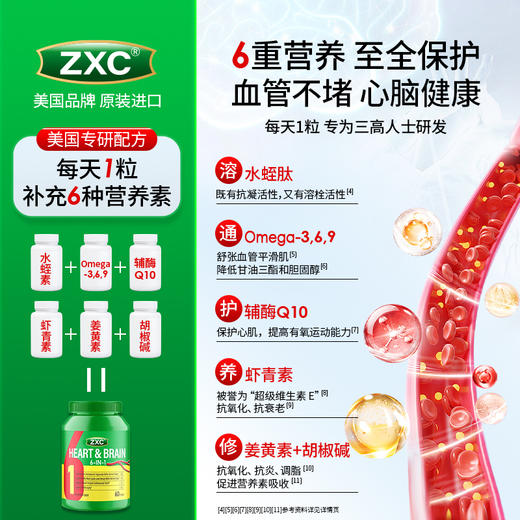 ZXC心脑6合1瓶装美国进口辅酶Q10omega3水蛭肽中老年心脑血管疏通 商品图2