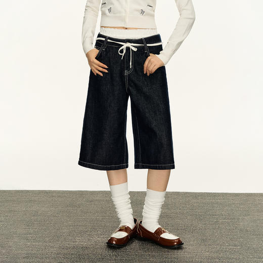 Ariseism 复古设计感阔腿7分牛仔裤女春季水洗做旧直筒牛仔中裤 商品图0