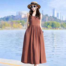 2025新款夏装收腰显瘦高支棉绸连衣裙气质妈妈度假风海边沙滩裙