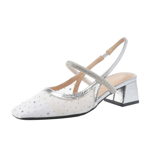 333-29 银色网纱镶钻波点包头玛丽珍鞋女外穿方头凉鞋粗跟一字带 商品图3