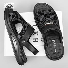 圣得西男鞋2024年夏季新款男士中青年棋盘格纹露趾户外沙滩凉拖鞋