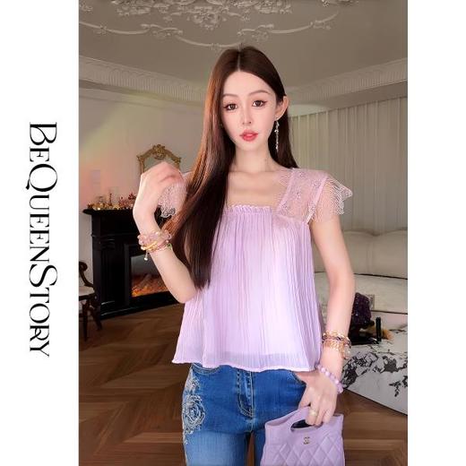 余潇潇【花肩有约】闪光丝蕾丝边手工缝制花朵小飞袖背心2025夏季 商品图4