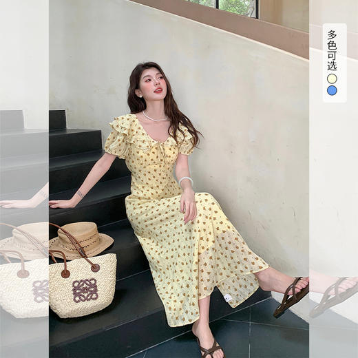 西遇碎花泡泡袖连衣裙女夏季新款娃娃领收腰显瘦a字长裙SS051112 商品图0