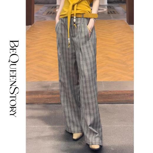 余潇潇【英伦漫游】英伦风经典格纹棉感垂顺两侧捏褶显瘦宽松直筒裤 商品图0