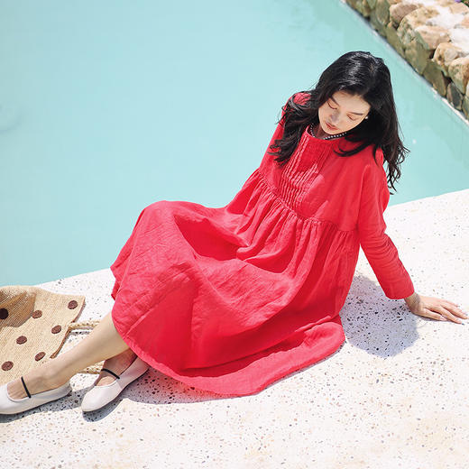 绽放420朵/限量复活款·2014亚麻圆领塔克捏褶大摆九分袖连衣裙女 商品图2