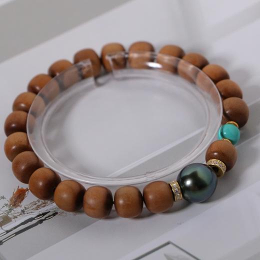 【甄珠贝】时髦方老山檀 8*9mm ji光 大溪地黑珍珠10-11mm 有暇 手串 绿松间隔 男女同款 925纯银配件 商品图2