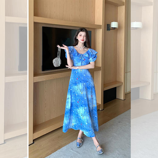 西遇碎花泡泡袖连衣裙女夏季新款娃娃领收腰显瘦a字长裙SS051112 商品图1