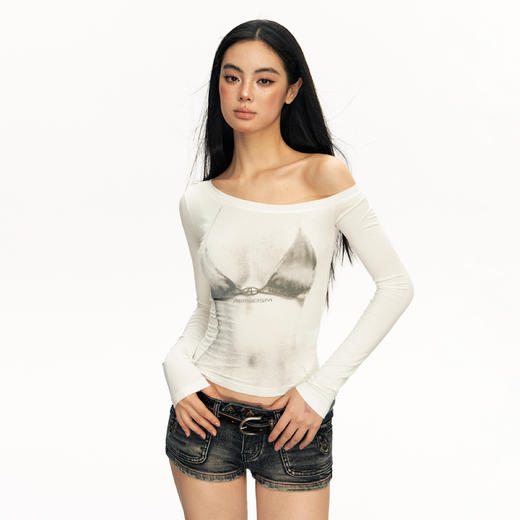 Ariseism 美式复古设计感斜肩长袖t恤女2025春季新款修身显瘦上衣 商品图0