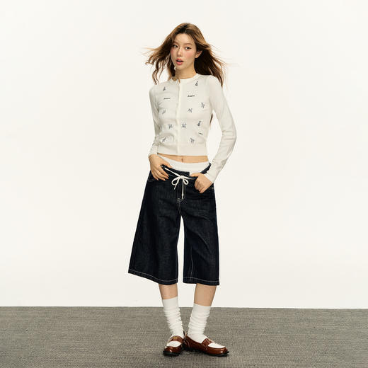 Ariseism 复古设计感阔腿7分牛仔裤女春季水洗做旧直筒牛仔中裤 商品图3