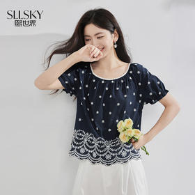 【07/09新品】熙世界复古民族风刺绣衬衫女夏季新款圆领短袖100%棉减龄小衫上衣