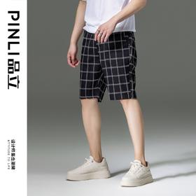 PINLI品立夏季新款男士直筒格子短裤潮牌百搭时尚休闲五分裤B242117146