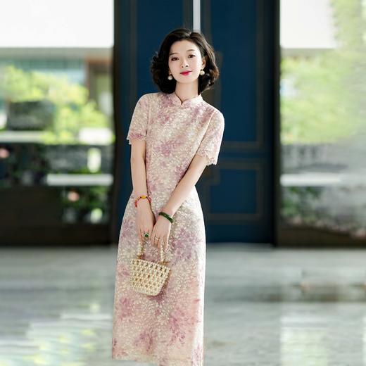 西子/【倾城之恋】新中式金葱蕾丝印花立领盘扣斜襟收腰显瘦减龄粉色旗袍/QPTJ144 商品图3