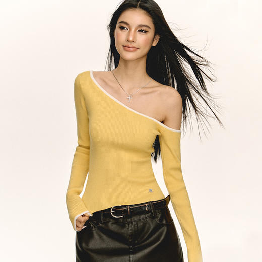 Ariseism 美式复古设计感斜肩长袖t恤女春季款修身显瘦打底上衣 商品图0