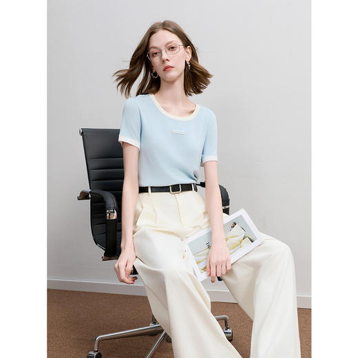 三彩2025秋季新款撞色针织衫圆领毛衫正肩短袖上衣套头M 商品图3