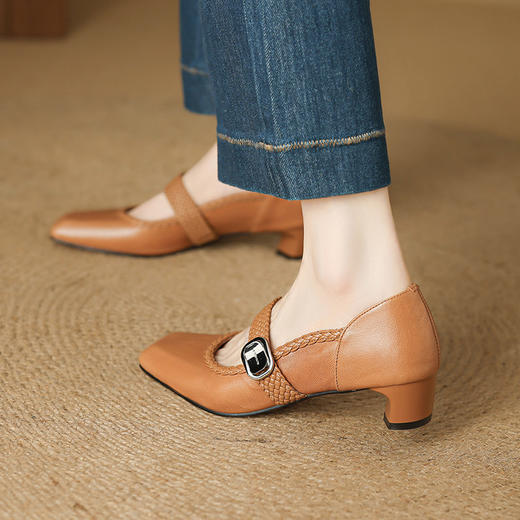 【预售5天】羊皮版款真皮方头玛丽珍鞋女配裙子中跟单鞋不累脚小皮鞋HCYYHD&6193 商品图4